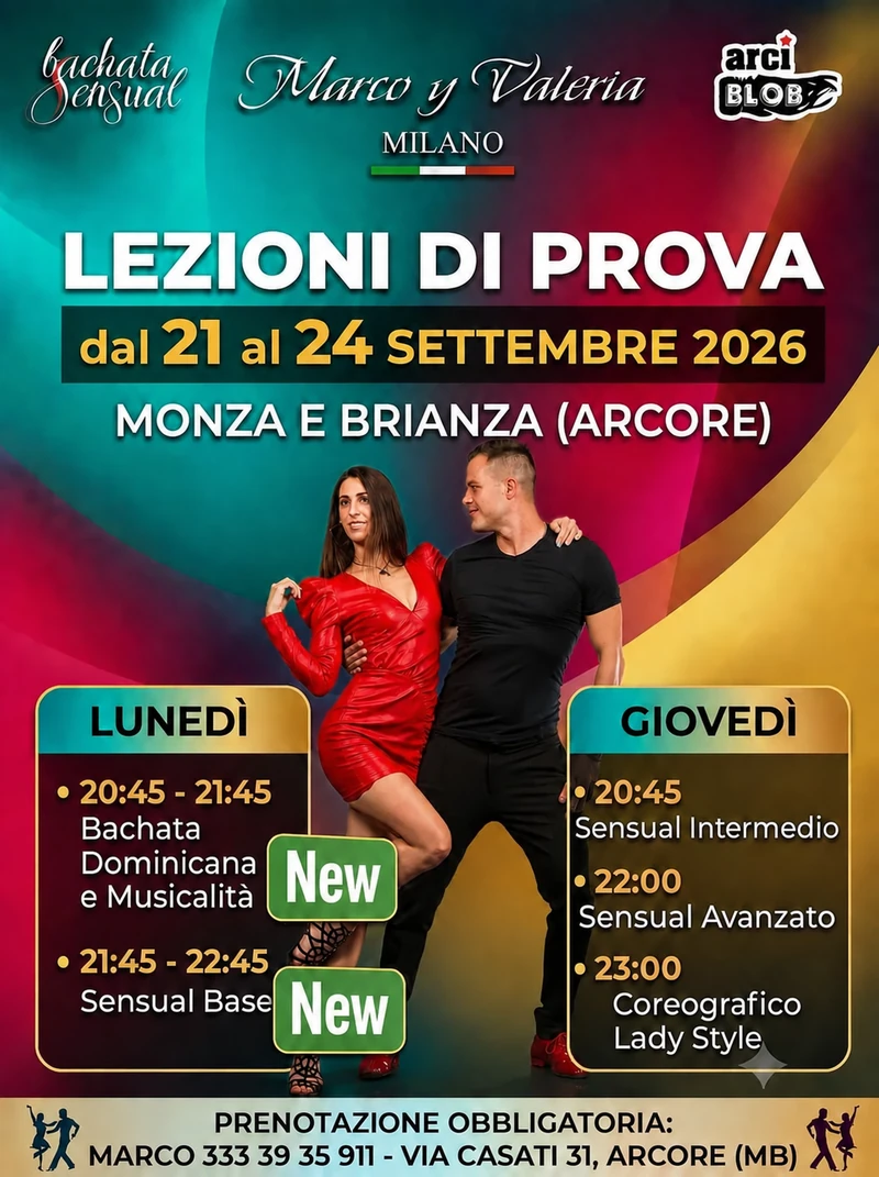 Locandina lezioni di prova dal 21 al 24 settembre 2026 ad Arcore: orari dei corsi del lunedì e del giovedì, prenotazione obbligatoria